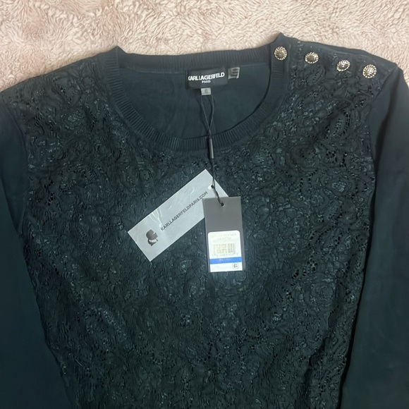 NWT Karl Lagerfeld deep green lace overlay sweater with metal button accents - Picture 2 of 12